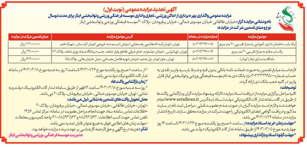 آگهی تجدید مزایده عمومی واگذاری بهره برداری از اماکن ورزشی، تجاری و اداری موسسه فرهنگی، ورزشی و توانبخشی ایثار